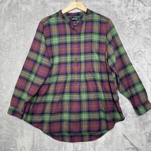 Lands' End Shirt Womens 16W Green Purple Plaid Flannel Pintuck Quarter Button